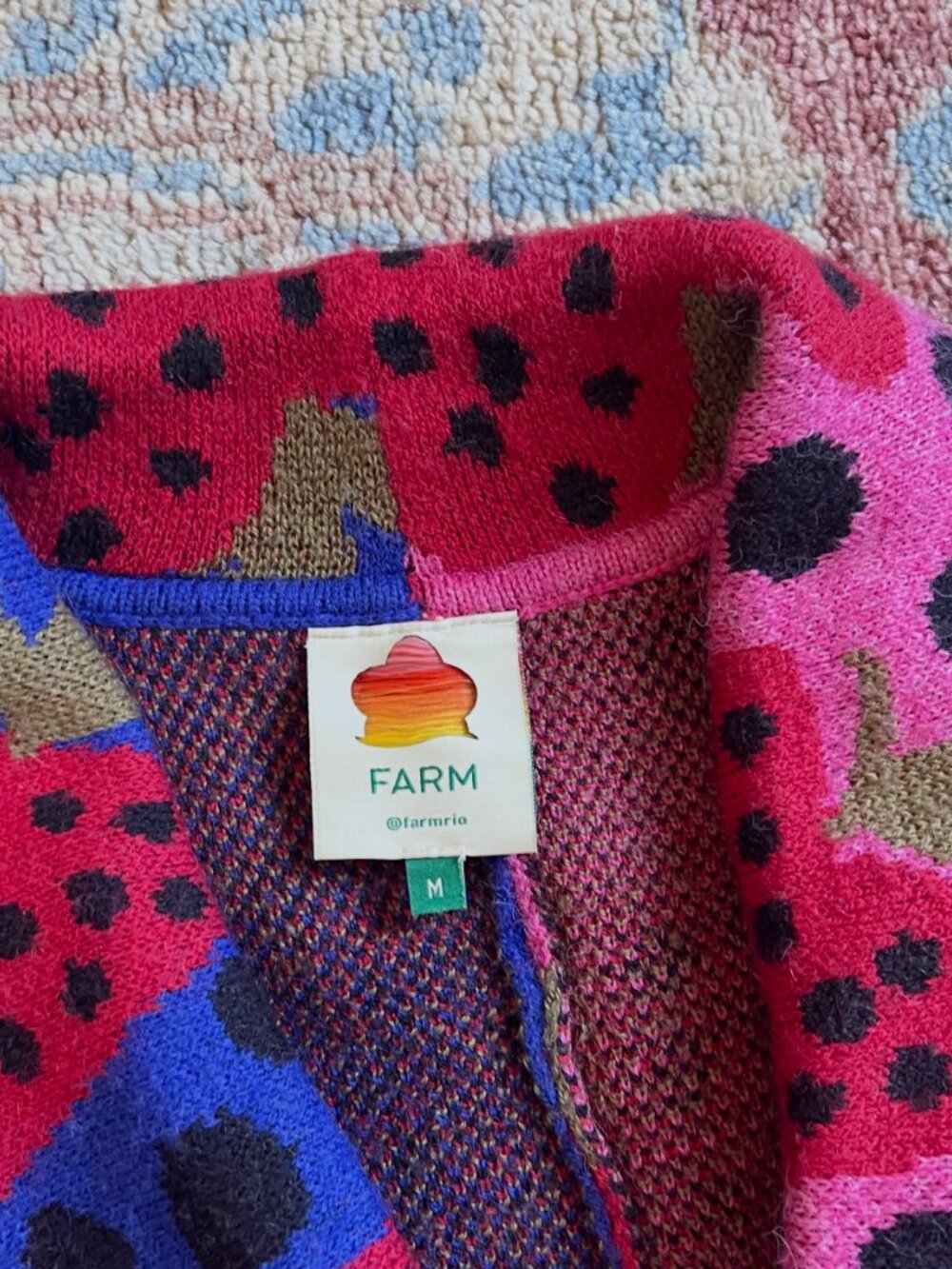 FARM Rio Strawberry Hearts Cardigan Sweater – Pink & Blue Split Print (Size M) - Picture 7 of 8